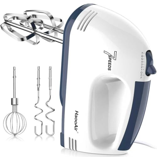 HaooAir Handmixer, 7-stufig einstellbarer Küchenmixer, 304 Edelstahl-Zubehörteile (1X Schneebesen, 2X Knethaken, 2X Rührstäbe) – ideal für Küchen- und Backanwendungen, Cream White