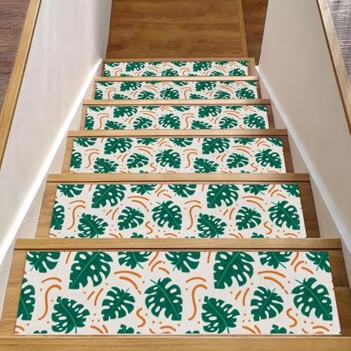 RODAILYCAY Monstera - Alfombra antideslizante para peldaños de madera, 76 x 20 cm, 15 unidades, diseño de hojas verdes