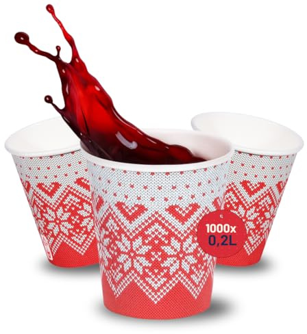 DeinPack 1000 Glühweinbecher 200 ml - Winter Pappbecher mit Schneeflocken Motiv | Einweg to go Heißgetränkebecher für Glühwein, Punsch & Tee | beschichtete Weihnachtsbecher aus Pappe