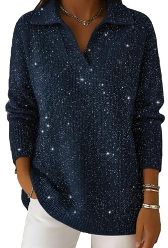 Generisk damtröja med glitter, v-ringad, långärmad, elegant, bling, blus, topp för kvällsmode och festligheter, 04, 3XL
