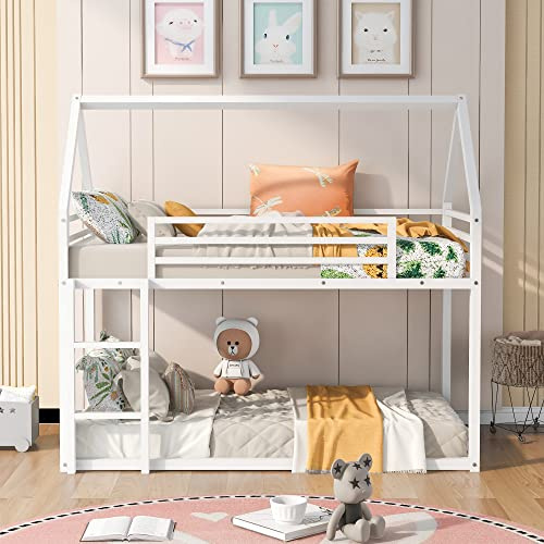 GDFStudio Twin Over Twin House Bunk Bed with Built in Ladder, Metal Bunk Bed Frame, Space Saving Design, High Guardrails, Reversible Ladder, No Box Spring Needed,White