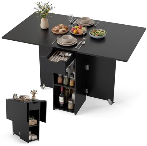 GIANTEX Fällbart bord kök, fällbart matbord liten, mobilt köksbord med 2 hjul, 120 x 72 x 75 cm, matbord för 4–6 personer, utfällbart bord för små utrymmen, köksbord, trä med låda