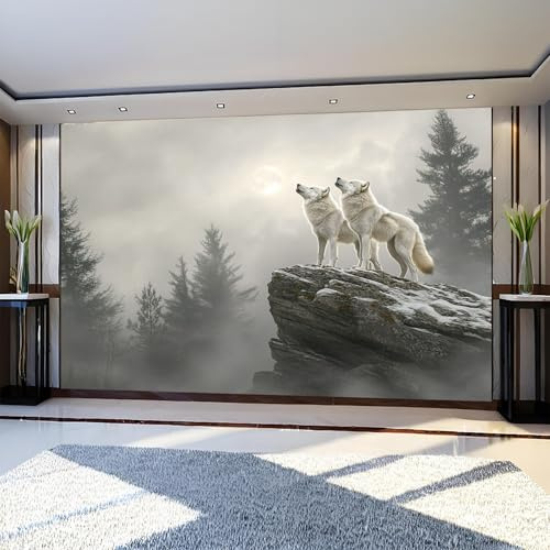 Fotomural Lobo de montaña del bosque 300 x 210 cm Gris Papel Pintado Tejido No Tejido Fotográfico para Dormitorio, Oficina y Hotel