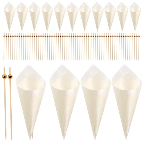 LIFKICH Conos de Helado de Madera Desechables 125 Mm 100 Uds Palillos de Fruta 12 Mm 100 Uds, Suministros para Fiestas Luau y Aperitivos, Conos de Charcutería y Palillos Largos