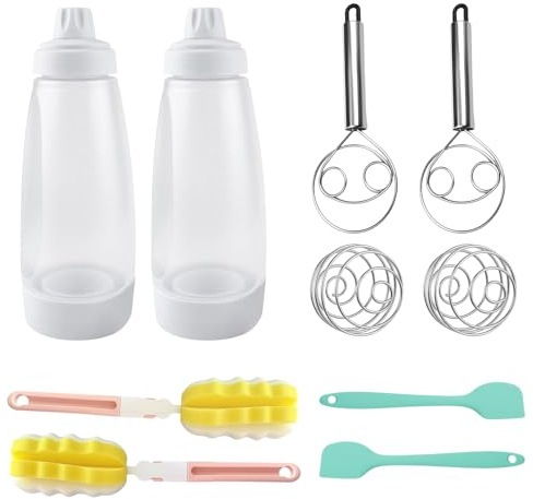 MDPUTY 10 Stück Teigportionierer Flasche Teigportionierer Pfannkuchen PP Mehrzweck Teigspender Quetschflasche Pancake Mixer Bottle Teigspender Quetschflasche mit Mischball für Pancakes Waffeln