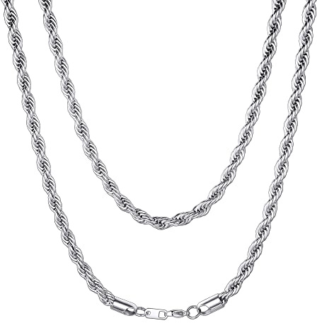 ChainsHouse Herren Edelstahl Kordelkette mit Schmuckverschluss Unisex Edelstahl Zopfkette 3mm 6mm Breit Verschiedene Länge(18''-30'') 3 Farbe(Schwarz/Silber/Gold)