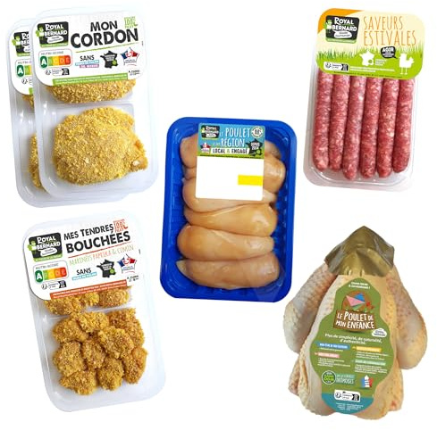 Royal Bernard - Assortiment Bambins - Colis de Viande de Volaille - 6 Barquettes de 5 Savoureux Produits - 1 Poulet Entier + 4* Cordons + 6* Filets de Poulet + 6* Saucisses nature + Bouchées marinées