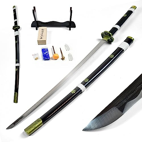 One Piece - Oden's Enma Schwert, handgeschmiedet & gefaltet, Set, Roronoa Zoro Oden Enma, echte Samurai Schwerter, Carbon Stahl mit Schwertpflegeset 103 cm, Zoro Schwert für Cosplay, schwarz