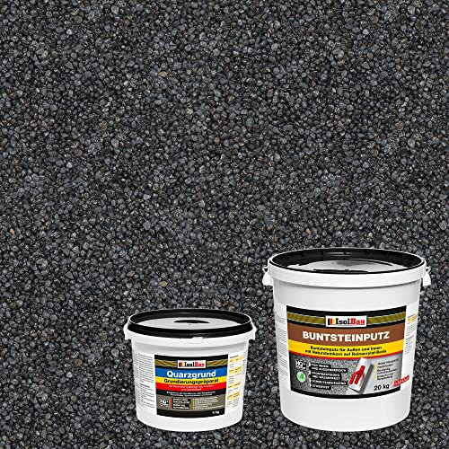 Isolbau - Buntsteinputz für Außen und Innen (Graphit, Anthrazit) 20 kg - BP90 Mosaikputz Dekorationsputz Frostsicher, Wasserfest, Stoßfest - mit Quarzgrund 4 kg