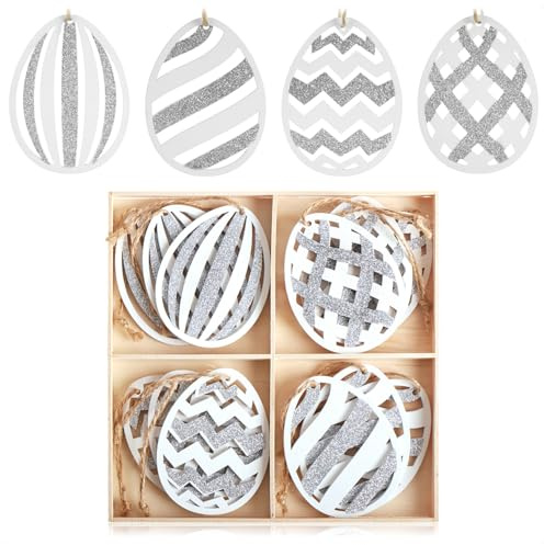 com-four® 12x Dekoaufhänger Ostern, Osterschmuck aus Holz zum Aufhängen | Holzaufhänger für den Osterstrauß grau/weiß mit Streifen