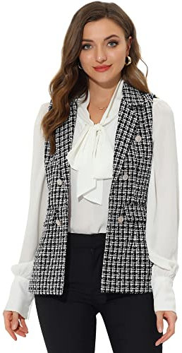 Allegra K Blazer sans manches à revers en tweed à carreaux pour femme avec poches Noir M