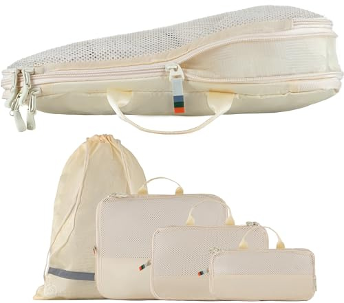 TRAVEL DUDE Compression Packing Cubes – Packing Cubes Compression Set for Suitcases, Backpacks & Travel – Lightweight, Compressible Travel Organisers for Luggage (4 pieces, Sand Beige)
