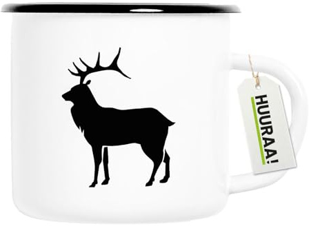 Huuraa Emaille Tasse Hirsch Silhouette Geschenk | 300ml Becher Weiß mit Schwarzem Rand Vintage Campingbecher Geschenkidee Kaffeetasse als Wohnwagen Zubehör Campingtasse
