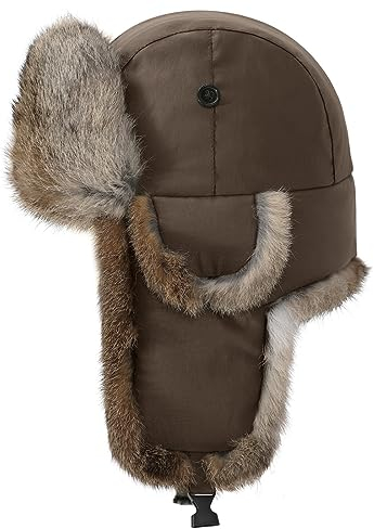 Harssidanzar Fliegermütze wasserdichte Winter Kaninchen Pelz Hüte Gefüttert Trappermütze Aviatormütze für Herren und Damen CU606EU, Braun,Größe L