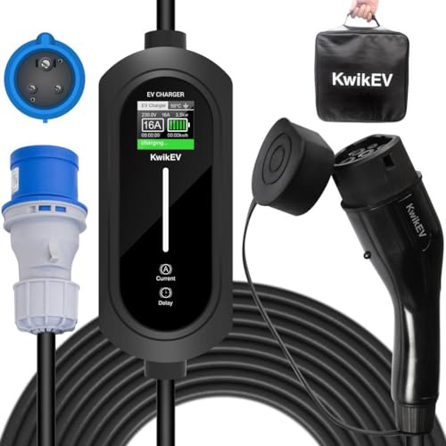KwikEV Portable Type 2 EV Charger CEE UK 3 Pin plug, 5 Meters | 6/8/10/13A | Adjustable Current 3.3kW | IP67 Waterproof, Type 2 Charging Cable with LED Indicators & Carry Bag