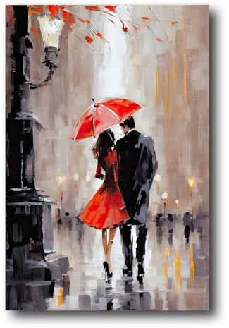 LZIMU Couple Canvas Wall Art Couple Walking on Street & Red Umbrella Oil Painting Prints Romantic Lover Picture Black White Modern Valentine's Day Decor(2, (12.00 x 18.00))