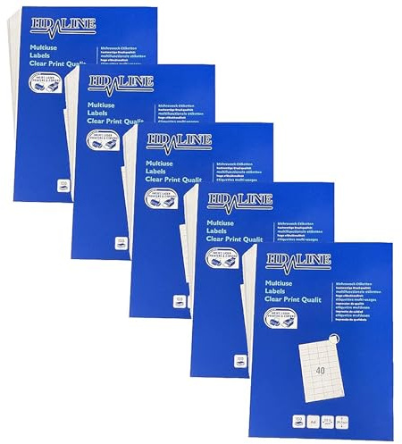 Hd-line Universal Etiketten 5 Packungen, 52,5 x 29,7 mm, 100 Blatt, 20000 Stück, selbstklebend, bedruckbar, matt, blanko Papier Klebeetiketten Aufkleber, 40 pro A4 Bogen, weiß