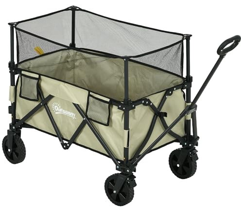 Outsunny 180L Festival Trolley on Wheels, Folding Camping Trolley Cart with Extendable Side Walls and Telescopic Handle, for Garden Beach Fishing, Light Green