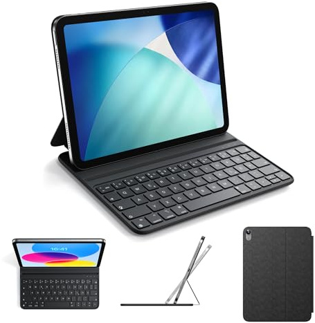 HOU Smart Folio Tastaturhülle für iPad A16 und iPad 10. Generation | Schlank und leicht,Semi-Silikon,2 Aufstellwinkel,QWERTZ,Schwarz; für iPad A16 11″ (2025) und iPad 10. Generation 10,9″ (2022)