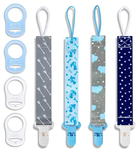 4 PCS Schnullerkette Stoff Set, Cotton Schnullerkett, Schnullerband, Schnullerketten Baby Junge, Nuckelkette mit 4 Nuckelkette Adaptern (Blau)