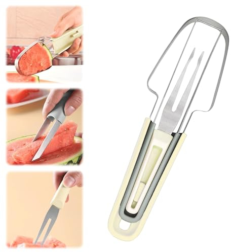 Vordpe Cortador de Tenedor de Sandía 3 en 1, Cortador de Sandía de Acero Inoxidable, Cortador de Sandía, Cortador de Melón de Acero Inoxidable, Tenedores de Frutas para Acampar (Beige)