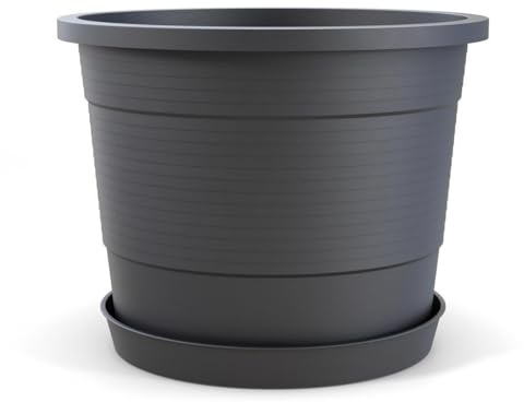 Plastard Blumentopf Ø 46 cm mit Untersetzer rund – Anthrazit – Pflanzkübel | Witterungs- UV- & frostbeständig, inkl. 40 cm Untersetzer, Pflanzkübel mit Überlauf, Pflanztopf 35 Liter, Deko Blumenkübel