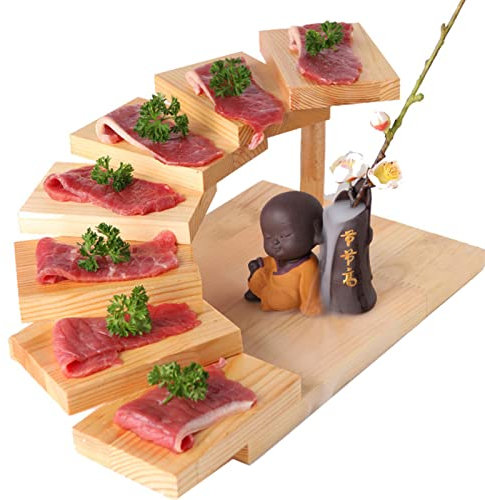 Japanese Sushi Plate Wooden Sashimi Serving Tray | Creative Rotating Sushi Board Dish Platter Tableware for Home Restaurant Bar, Rectangle | 7 Steps Stairs