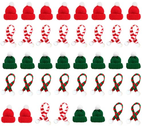 MorLuks 40 Stück Weihnachtsmütze und Weihnachtsschal Set, Mini Strickmütze des Weihnachten, Weihnachtsmützen für Flaschen, Puppenhaus Dekoration, Weihnachtsfeiern