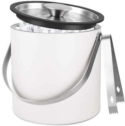 Bakpoco Insulated Ice Bucket with Silicone Lid, Scoop, Tongs & Strainer, 3L Stainless Steel Double Wall Ice Buckets for Parties & Cocktail Bar, Champagne Ice Bucket with Lid for Freezer, Ivory