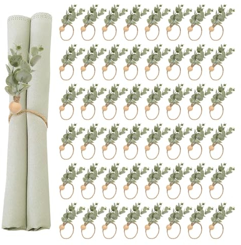 Defined Deco Napkin Rings - Set of 100, Rustic Farmhouse Boho Green Leaf Wooden Napkin Rings for Spring Summer, Thanksgiving Christmas, Wedding Table Decor