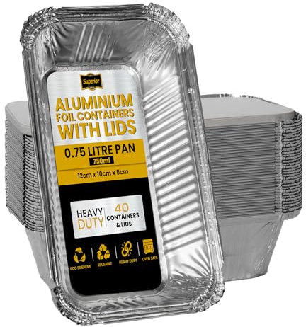 Superior Pack of 40 Foil Containers with Lids – 750ml Sturdy Deep Foil Trays with Lids - Ideal for Storage Baking Roasting BBQ Cooking – Reusable Food Containers for Small to Medium Size Meals