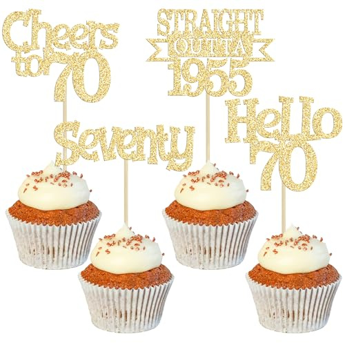 Ephlyn 24Pcs Happy 70th Birthday Cupcake Toppers Glitter Straight Outta 1955 Cupcake Picks Hello 70 Cheers to 70 Years Birthday Cake Decorations for 70th Birthday Anniversary Party Supplies Gold