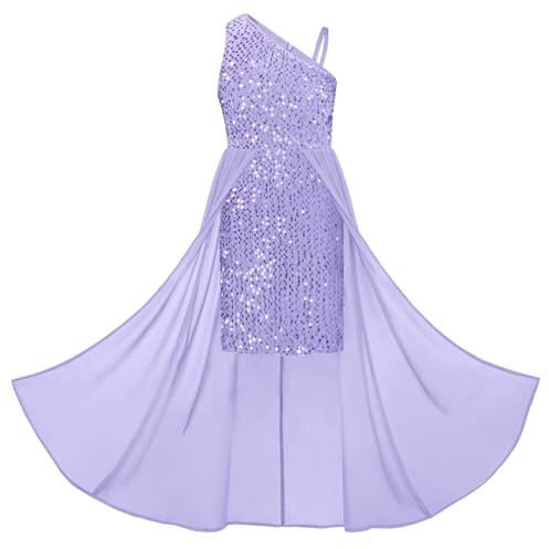 GRACE KARIN Petite Fille Robe Brillante Asymétrique sans Manches Lâche Festive Party Robe pour Enfants Été Violet Clair à Paillettes 12 Ans