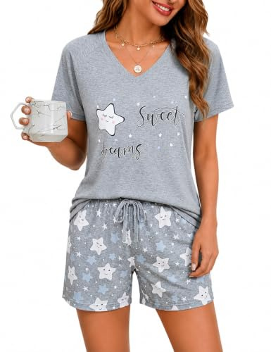 Litherday Pigiama Donna Cotone Estivo Corto Set Due Pezzi con Maglia Scollo a V Pantaloncini con Coulisse e Tasche Morbido Leggero da Casa e da Notte Taglie,Grigio,L