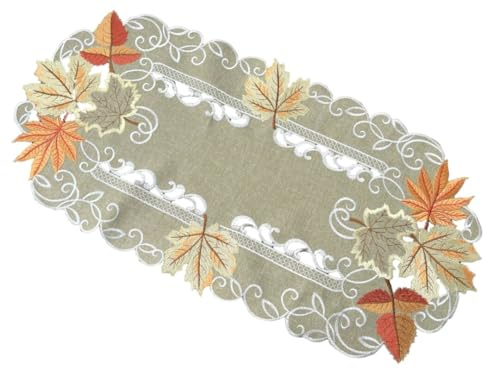 Tischläufer Tischdecke Mitteldecke Deckchen Leinen-Optik Herbst Blätter Grün (ca. 35x70 cm oval)