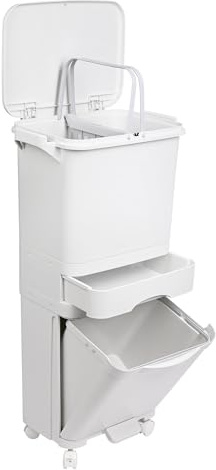Poubelle de recyclage à tri sélectif avec pédale, roulettes et poignée à triple compartiment de 42 L (24 L + 4 L + 14 L).