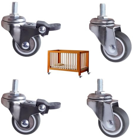 4 Pezzi Ruota Girevole con Perno Filettato M8, Ruote 360°Girevoli in Gomma, Rotelle per Mobili Pivotanti con Viti, 2 con Freni + 2 Senza Freni per Mobili Interno ed Esterno (M8 X 15 mm, Capacità 40kg)