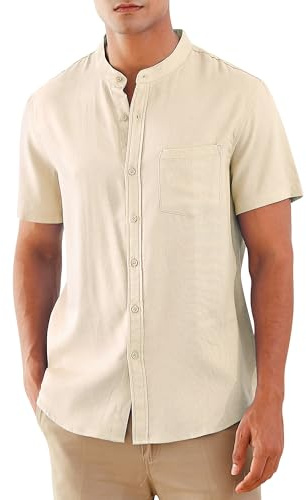 RAISEVERN Herren Kurzarm Hemd Leinenhemd Hemden Stehkragenhemd Freizeithemd Lässig Leinenshirt Sommerhemden Strandhemd Anzughemd Khaki, M