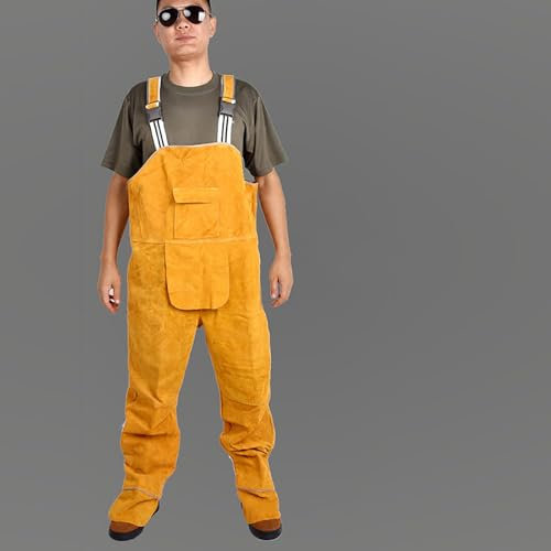 Leather Split Leg Welding Apron, Flame Resistant Heavy Duty Apron for Men, Workshop Apron with Leather Chaps, Cowhide Leather,Yellow,L