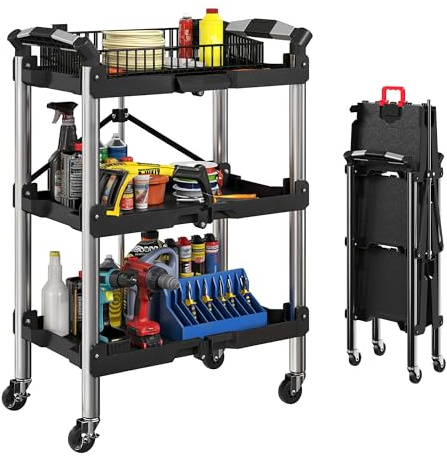 HOMCOM Carrello attrezzi pieghevole 3 livelli, ruote, 150 LBS, nero