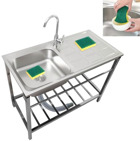 Evier Exterieur De Jardin Evier Cuisine Inox Sur Pied avec Robinet Et étagères De Rangement Evier De Restaurant Commercial Pour Garage/Appartement/Sous-Sol/Boutique Facile à Nettoyer(75x40xH75cm)