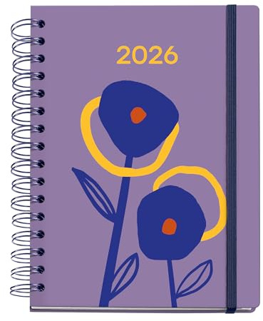 Miquelrius - Veckokalender för vy 2026, storlek 160 x 218 mm, veckoplanering, dubbelspiral, omslag av laminerad kartong, papper 100 g/m², 6 språk, klistermärken, Marguerite Collection, blommig