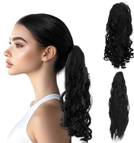 2 Stück Pferdeschwanz Haarteil Kordelzug Haarverlängerung Echthaar Pferdeschwanz Haarteil Echthaar Schwarzes Natürlich Lockiges Haar Für Den Alltag 45cm 40cm Schwarz