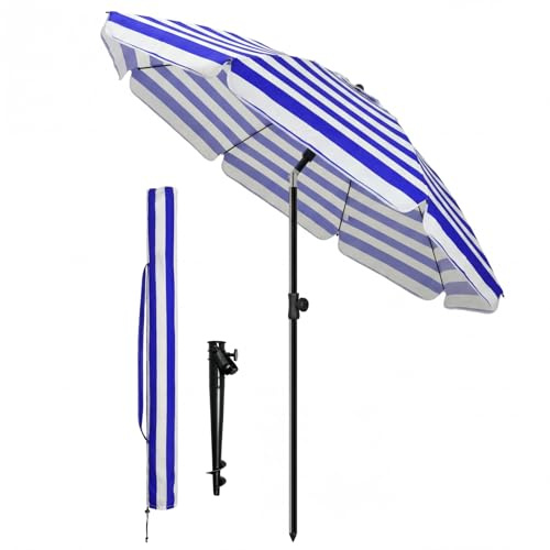 VOUNOT® Ombrellone da Spiaggia 2m Inclinabile Altezza Regolabile, Ombrellone da Giardino con Ancoraggio al Suolo Protezione UV 50+ e Borsa da Trasporto per Balcone Terrazza Campeggio, Righe Blu Bianco