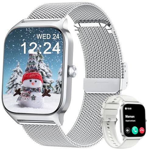 Popglory Smartwatch mit Telefonfunktion Herren Damen, 1,85 HD-Bildschirm Fitnessuhr, Blutdruckmessung Herzfrequenz SpO2 Druck Schlaf Menstruation, 100 + Sportmodi, Weltuhr Rechner Wetter, Android iOS