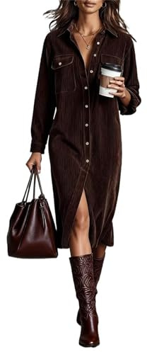 Robe chemise midi boutonnée en velours côtelé pour femme, robe tunique plissée décontractée à col en V, marron, XS