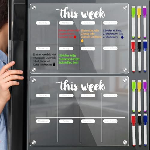 Qibivfo Set med 2 veckoplanerare, avtorkningsbar A4 (30 x 20 cm) – magnettavla, kylskåp, akryl med 12 whiteboard för att göra-listor, menyplanering och inköpslista