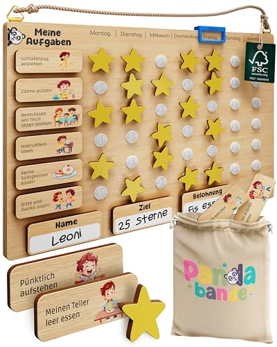 PANDABANDE Premium Belohnungstafel Kinder Holz - 100% FSC®-zertifiziert | Belohnungssystem Kinder mit 112 Karten & Sternen - To Do Liste Kinder - Aufgabentafel für mehr Selbstständigkeit