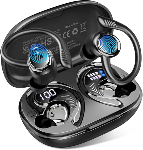Hupoaf Auriculares Inalámbricos Bluetooth Deportivos, 60H Auriculares Bluetooth 5.4 con 4 ENC Mics Cancelación RuidoI, HiFi Estéreo, Cascos Inalambricos IP7 Impermeable, USB-C Auriculares para Correr