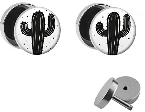 Treuheld® | SET - Schwarzer KAKTUS - 2 Ohrstecker zum Schrauben mit Kaktee - SCHWARZ-WEIßE FAKE PLUGs - Ø 10mm - OHRRINGE Fakeplug - Silber Ohrring in Schwarz-Weiß - Chirurgenstahl Faketunnel